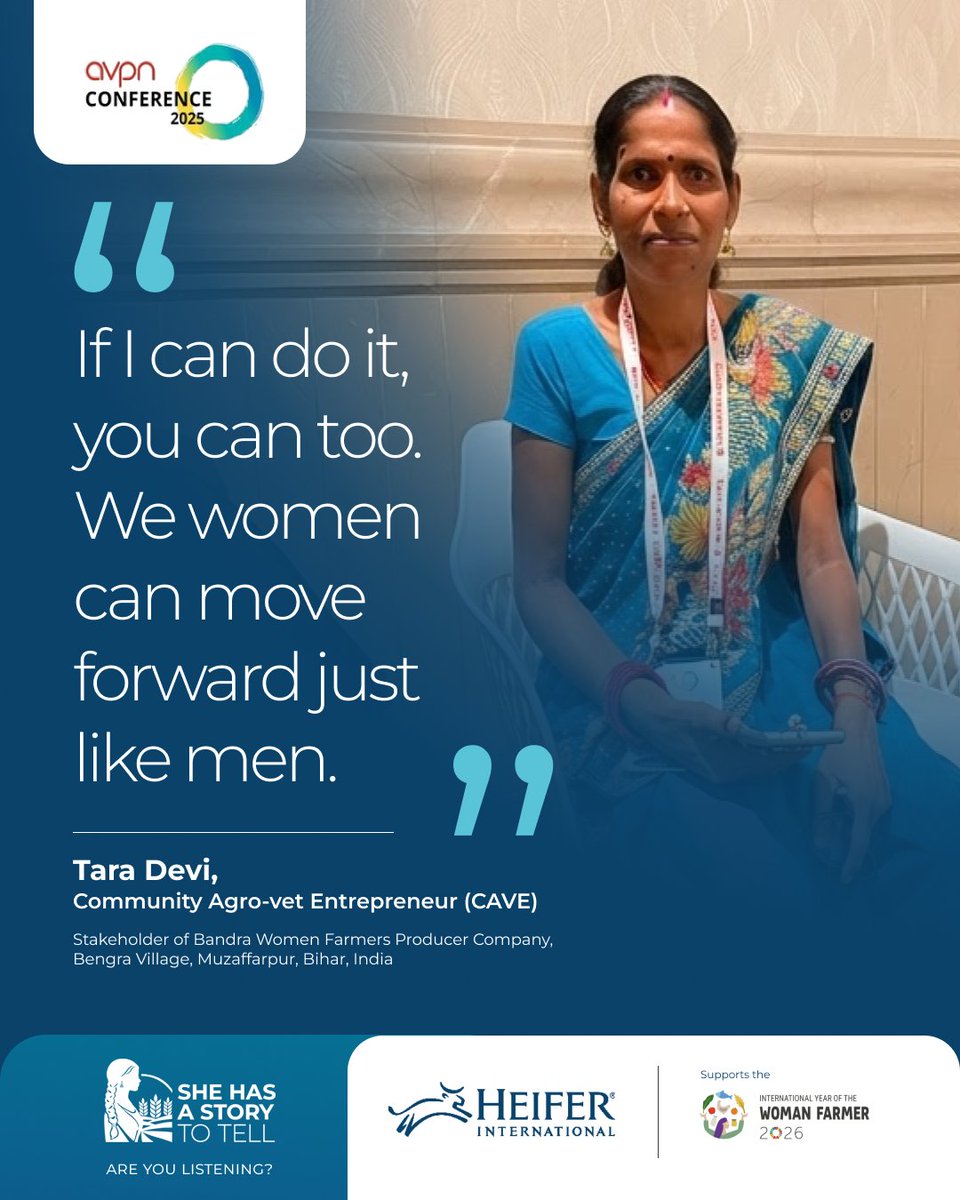 heifer_asia's tweet photo. “If I can do it, you can too. We women can move forward just like men.” 💚

Tara Devi, a Community Agro-vet Entrepreneur from Bihar, stepped onto the stage at Heifer International’s side event at the AVPN Global Conference 2026 in New Delhi and shared a message for women everywhere.

Her story is a reminder that sometimes, change begins with taking that first step.

This International Year of Women Farmers, She Has a Story to Tell, Are You Listening?

🔗 Take the pledge to join Heifer’s global campaign and support women farmers: https://t.co/dNZbYAys4O

#SheHasAStoryToTell #AreYouListening #WomenFarmers #IYWF #InternationalYearofWomenFarmer #IYWF2026