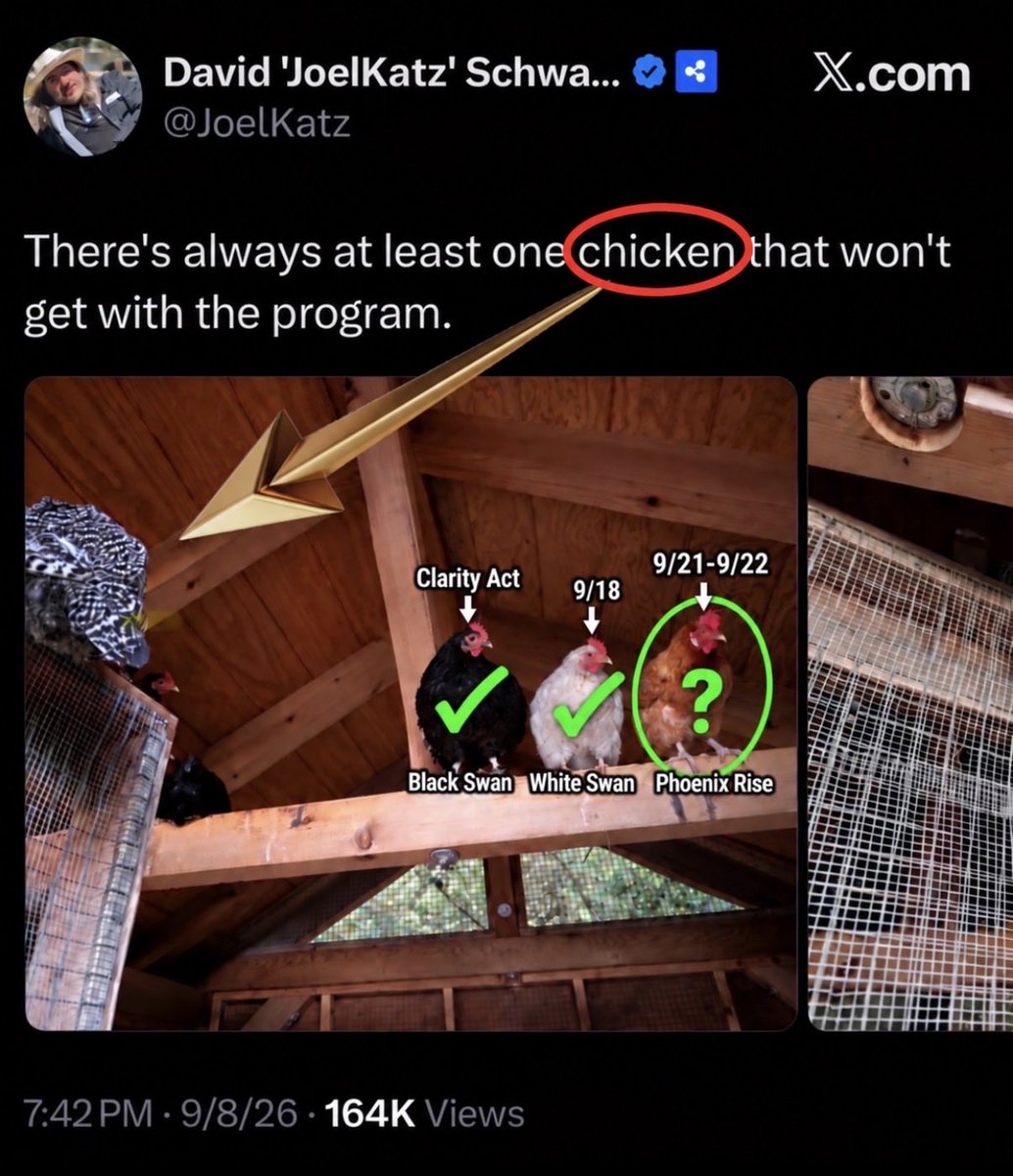 Nodnarbski's tweet photo. CLARITY ACT (Chickens) SOLVED

9/15
Black/White  - Thom Tillis 

9/15
Black - Failed Vote

9/18
White - Crypto pumped anyway

9/21 - 9/22 
Red - Phoenix Rise https://t.co/IwqPEiyUEW