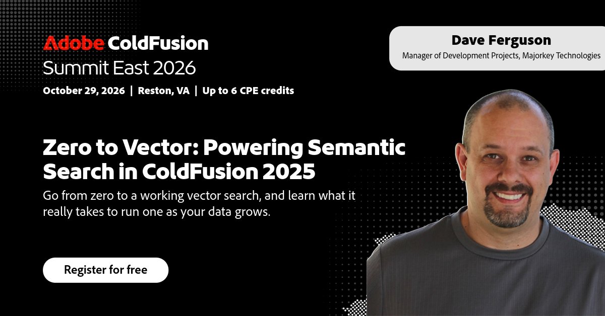 coldfusion's tweet photo. Make your app understand what users mean, not just what they type. Dave Ferguson's "Zero to Vector" takes you from zero to working semantic search in ColdFusion 2025.

Free at Adobe ColdFusion Summit East, Oct 29 in Reston, VA.

🔗Register for free: https://t.co/xuV2WHfYJw https://t.co/oDa7SaJfJO