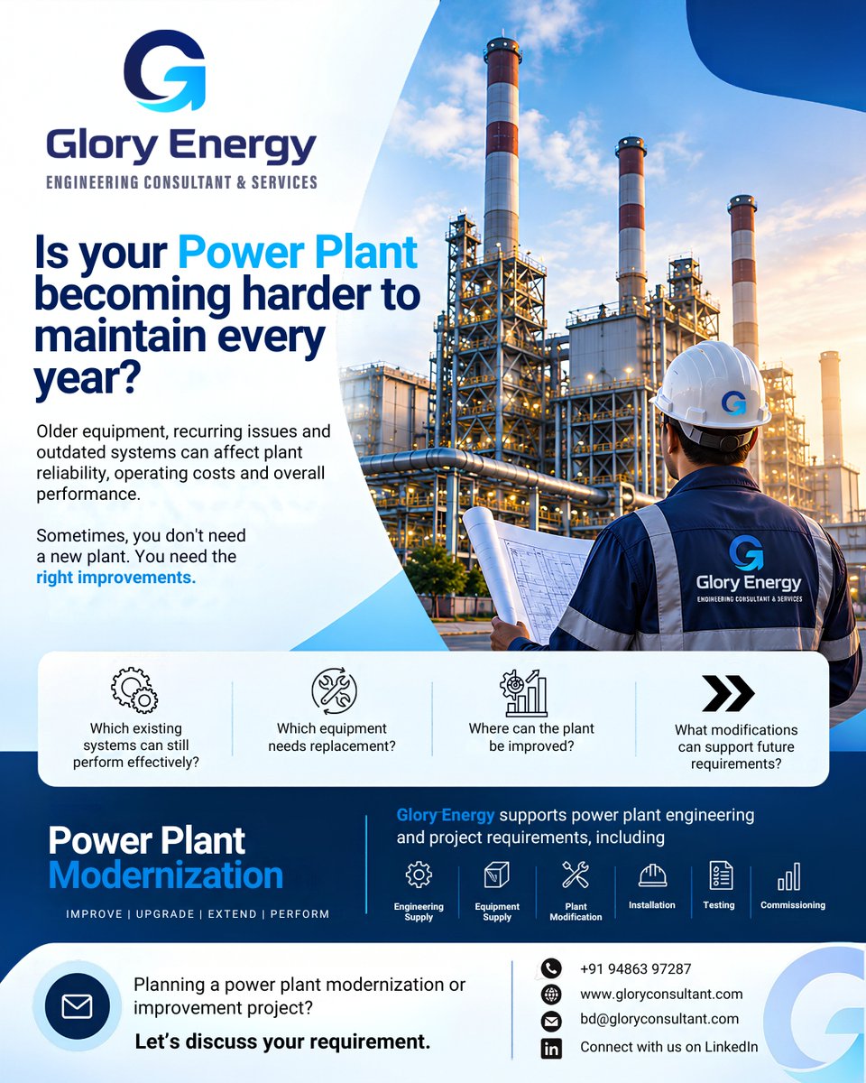 EnergyGlor50505's tweet photo. 🏭 Is your power plant becoming harder to maintain every year?

Aging equipment and outdated systems can affect reliability, costs and performance.

📞 +91 94863 97287
🌐 https://t.co/IVfciycu15
#powerplant #plantmodernization #engineering #powerengineering #gloryenergy https://t.co/hKxhsLiu4y