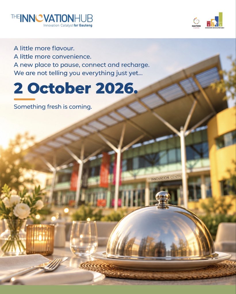 InnovHub's tweet photo. Something fresh is coming to The Innovation Hub!

Meet. Dine. Connect. All in one place.

Date: 2 October 2026
Venue: The Innovation Hub, Pretoria

Planning your next conference or event? Contact our Conferencing Venue team:
Winnie Mavimbela / Sifiso Mdebele
ConferenceVenue@TheInnovationHub.com

#TheInnovationHub #InnovationStartsHere #Conferencing #BusinessEvents #Innovationmeetsflavour