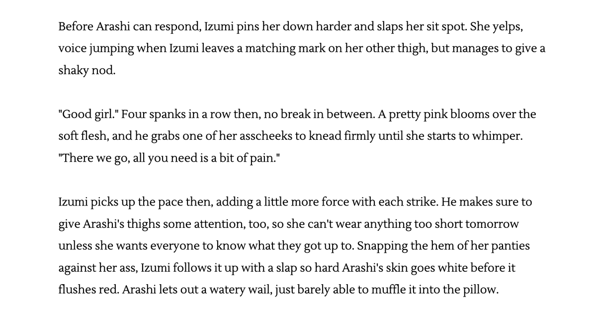 hoarfrost_fics's tweet photo. 🔞 #senanaru: spanking, light masochism, light dom/sub 
starting off my #ESNSFWWEEK26 entries with the prompt of "sadism/masochism"! as always i'm excited to write as much naru bullying as possible https://t.co/I6DHQAtPdN