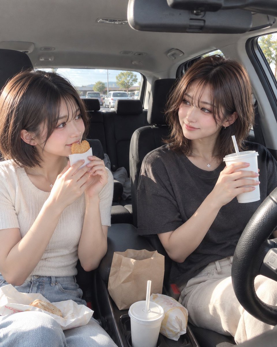 sara_saki_jp's tweet photo. 休みの日の朝って、だいたいこう😂

紗良💜「買ってから食べるまで早すぎん？」
紗季🩵「朝は別腹☺️」

作る気ゼロでドライブスルーしてきました🚗🥤

#AI美女 #AIart #AI写真 #日常 https://t.co/1qJ2QvVCyw
