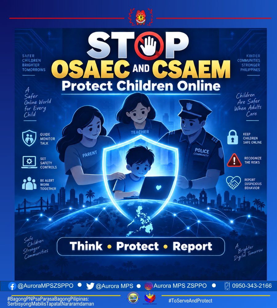 AuroraMPS's tweet photo. 𝐏𝐑𝐎𝐓𝐄𝐂𝐓 𝐂𝐇𝐈𝐋𝐃𝐑𝐄𝐍 𝐎𝐍𝐋𝐈𝐍𝐄
Online Sexual Abuse or Exploitation of Children (OSAEC) and Child Sexual Abuse or Exploitation Materials (CSAEM) are serious crimes involving the abuse, exploitation, or grooming of children through the internet. https://t.co/YaRUmTVR30