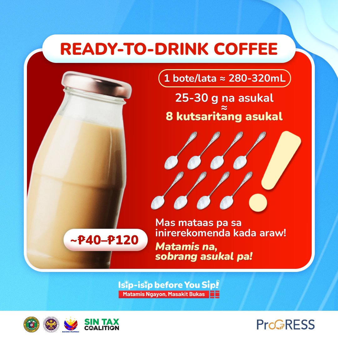 DOHgovph's tweet photo. SIP TIP FOR THE DAY!
Mahilig ka ba sa kape? Bago uminom ng kape, alamin muna kung gaano karaming asukal ang nasa iyong ready-to-drink (RTD) na kape!
#DOH
#BagongPilipinas
#MabilisPatasMapagkakatiwalaan
#HealthisLife
#BawasSBs
#SipTip https://t.co/nXYjQSEsUe