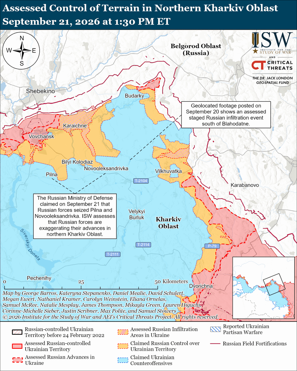 TheStudyofWar's tweet photo. NEW: Ukrainian President Volodymyr Zelensky emphasized Ukraine’s eagerness to establish an energy ceasefire with Russia and announced that he will meet US President Donald Trump on the sidelines of the UN General Assembly session. (1/2)
Other Key Takeaways:
The predictable September 18-20 State Duma election results continue the Kremlin’s efforts to militarize the Russian government, particularly the United Russia Party, and to portray public support for Russian President Vladimir Putin’s war effort in Ukraine and potential future aggression against NATO.
Russia is expanding the production of key composite materials used in Geran-type strike drones and is constructing underground facilities at the Alabuga Special Economic Zone (SEZ) to protect its drone production from Ukrainian strikes.
European intelligence officials warned that Russia may take openly aggressive action against NATO in the next several months while Baltic State officials continue to emphasize that there are no signs of preparations for an imminent attack.
Neither Ukrainian nor Russian forces advanced.
Russia launched 172 drones against Ukraine overnight.
Ukrainian forces continued their long-range strike campaign against Russian military assets on September 21.