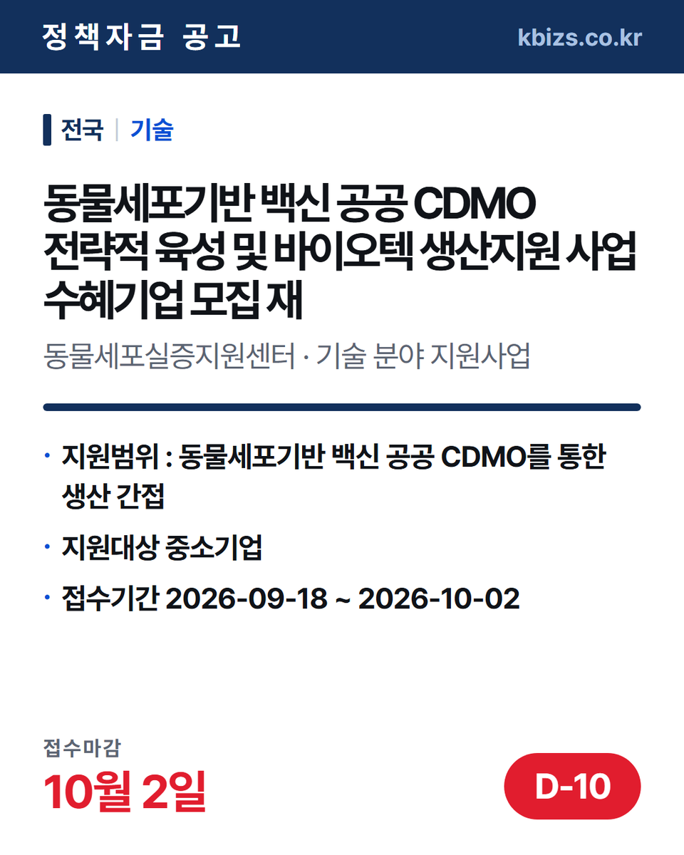 thekbizs's tweet photo. 오늘의 정책자금 공고 5건 · 기술·R&amp;D

① [전국] 2026년 2차 동물세포기반 백신… — 10월 2일 마감
② [전국] 2026년 4차 성능인증(EPC)… — 10월 14일 마감
③ [전국] 규제자유특구ㆍ글로벌혁신 규제자유특… — 11월 6일 마감

#소상공인정책자금 #정부지원정책자금조건 #기술 https://t.co/CAfcgs5COq