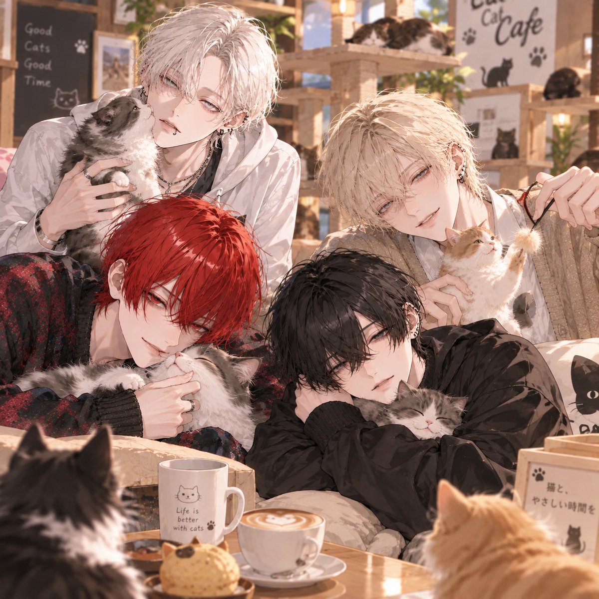 putcl1's tweet photo. みんなで猫カフェ

 #四飼AIイラスト https://t.co/9w8XSCvp28