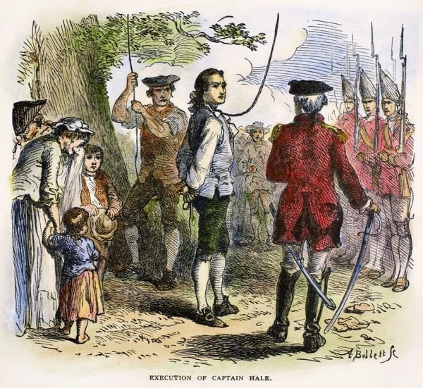 250YearsAgoLive's tweet photo. British occupation forces in New York City hang convicted spy Nathan Hale. 

He behaves with great composure, and on the gallows he declares: “I only regret that I have but one life to lose for my country.” https://t.co/TUyyAbMJ5o