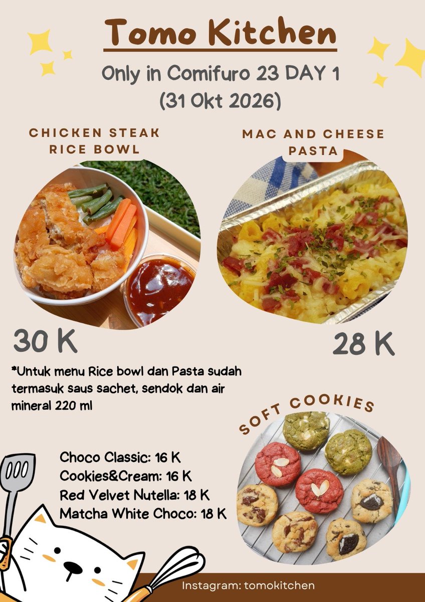 Matchaaberryz's tweet photo. 「❤️ &amp; 🔂 , Are appreciated✨」 
 
Haloo! Aku lagi buka PO makanan untuk #cf23 nih, ada menu Rice Bowl, Pasta &amp; Soft Cookies 🤗. Bisa pick up dan diantar ke booth juga loh! Kalau mau pesan bisa Dm aku atau Dm IG Tomo Kitchen yaa. Thank you!
#comifuro23 #cf23catalogue #pomakanan https://t.co/iRSwUk4mHi