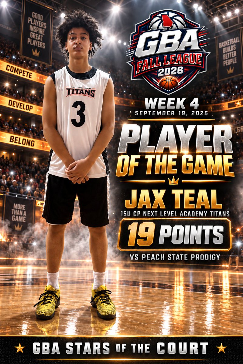 gbahoopsatl's tweet photo. 🌟 PLAYER OF THE GAME 🌟

Jax Teal | 15U CP Next Level Academy Titans
🏀 19 points vs Peach State Prodigy

Outstanding Week 4 performance!

#GBAFallLeague #GBAStarsOfTheCourt #PlayerOfTheGame #CPNextLevelAcademy #YouthBasketball
@TournamentsRUs @Halftime_Sportz @NextLevel_CP https://t.co/IbPrVELXrj