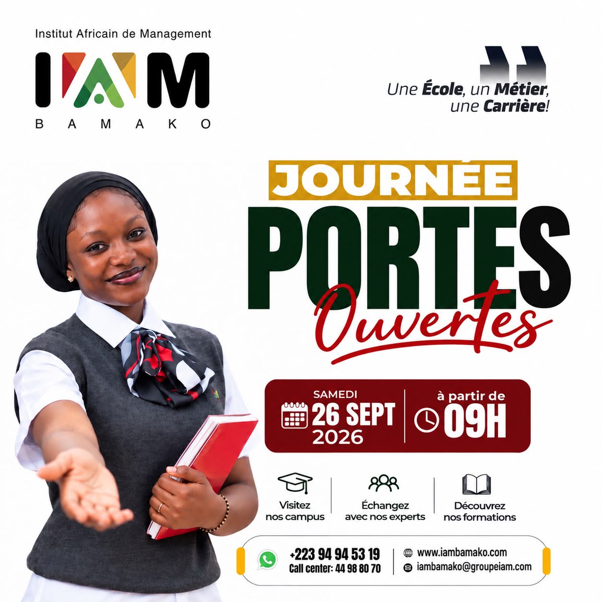iam_bamako's tweet photo. Bacheliers 2026, l’IAM Bamako vous donne rendez-vous ! Participez à notre Journée portes ouvertes le 26 septembre 2026. Inscrivez-vous dès maintenant en cliquant sur ce lien : 🔗 https://exelite-iam.vercel.appN’hésitez pas à partager le lien avec vos amis bacheliers. https://t.co/KRlEO1QrR9