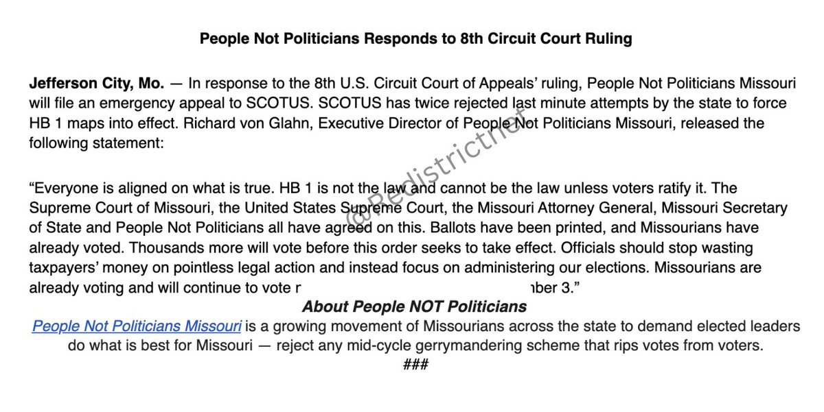 RedistrictNet's tweet photo. #NEW: People Not Politicians Missouri says they will file an emergency appeal to the US Supreme Court. https://t.co/TYCOMwoUYc