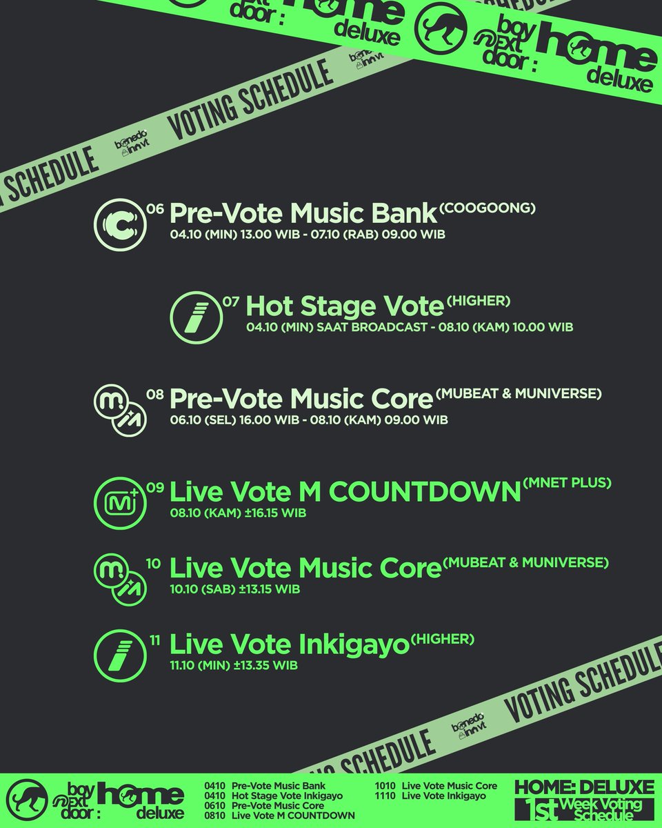 bndinavt's tweet photo. [🗳] #HOME_DELUXE 1ST WEEK VOTING SCHEDULE 🗓

ONEDOOR, save & share jadwal voting music show (minggu ke-1) berikut and get ready to move like ANIMAL with #BOYNEXTDOOR!🚦🐾

PANDUAN LENGKAP VOTING
ℹ️ https://t.co/WnmnZ7p4cN

📌 NOTE:
Jadwal bisa berubah sewaktu-waktu menyesuaikan info resmi dari music show. Setiap update akan diumumkan kemudian.