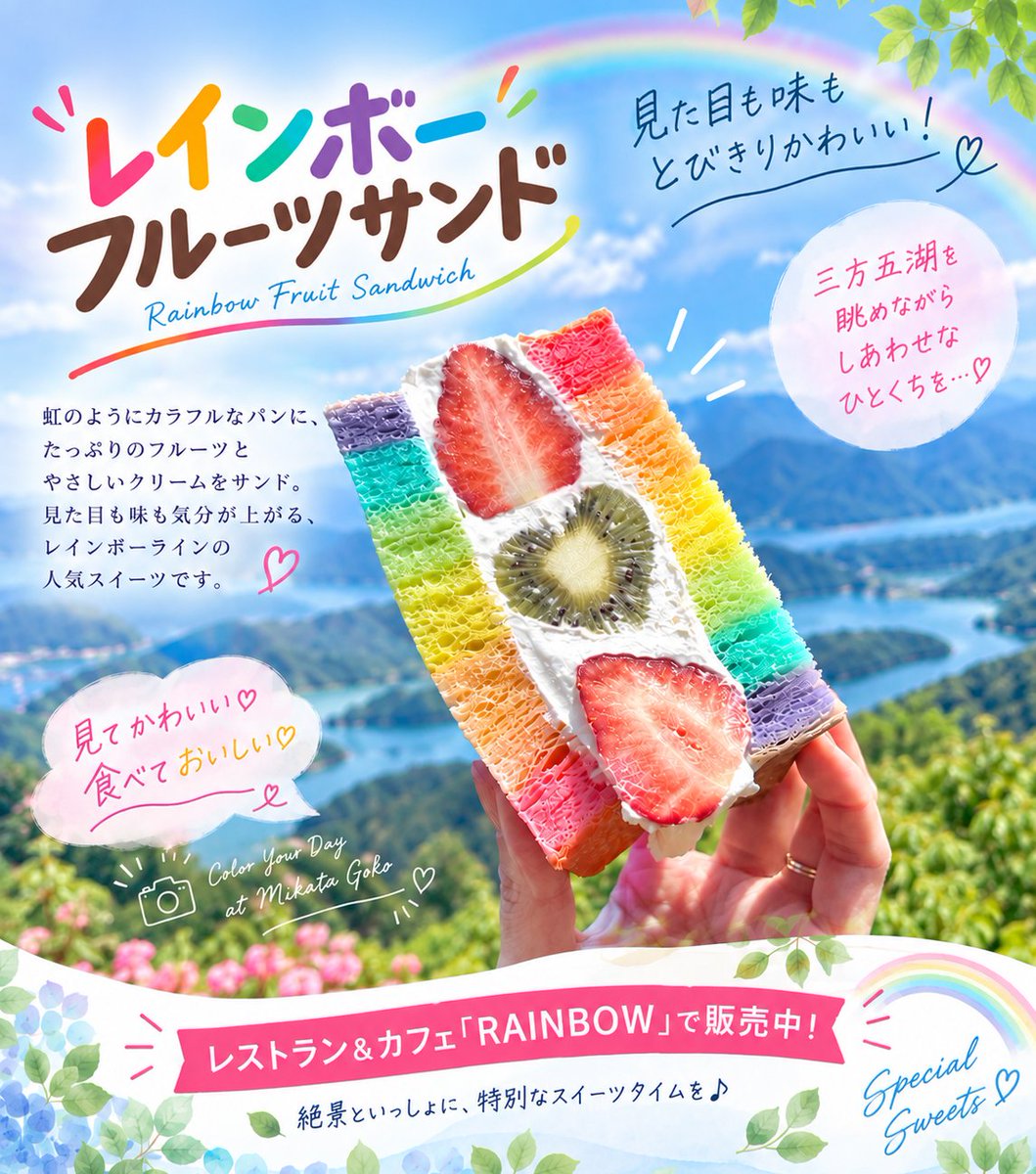 rainbowlinenot1's tweet photo. 🌈絶景×レインボースイーツ🍓

見た目もとびきりかわいい
🌈 レインボーフルーツサンド✨
三方五湖を眺めながら、しあわせなスイーツタイムを😋

📍レストラン＆カフェ「RAINBOW」で販売中！

#レインボーライン #三方五湖 #福井観光 #フルーツサンド https://t.co/f2VTVg6gKG