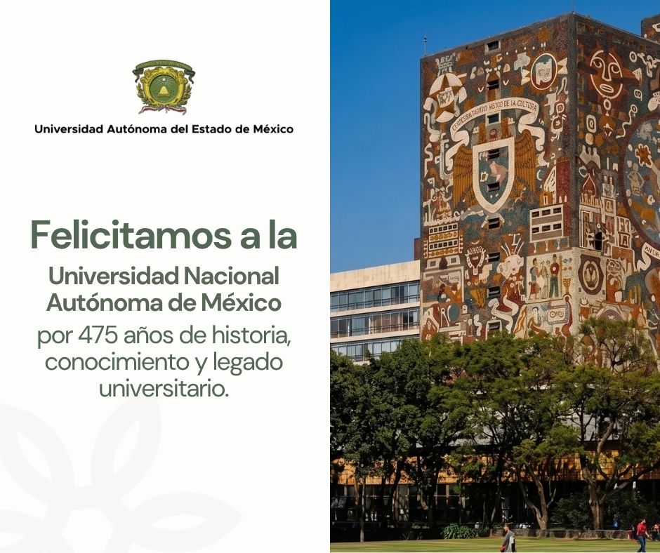 UAEM_MX's tweet photo. Felicitamos con mucho aprecio a la @UNAM_MX  por sus 475 años de historia.

Reconocemos su trayectoria y sus aportaciones a la educación, la ciencia y la cultura, así como su contribución a la construcción de un México con más conocimiento y oportunidades. https://t.co/1DmsqYB8gl