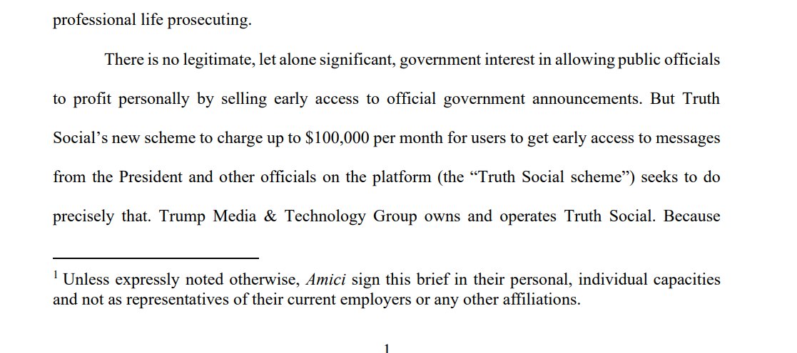 MacFarlaneNews's tweet photo. NEW:  53 former federal prosecutors & agents file argument against Trump's monetization scheme to charge $$ for early access to Truth Social posts

They argue: "There's no legitimate, let alone significant, government interest in allowing public officials to profit personally by selling early access to official government announcements. But Truth Social’s new scheme to charge up to $100,000 per month for users to get early access to messages from the President"