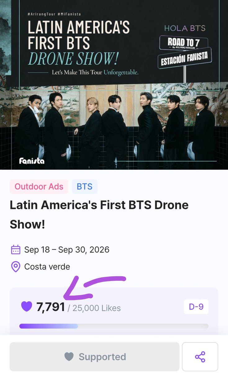 bts_peru1's tweet photo. 📣 ARMY, compartimos el estado de la meta para el show de drones: estamos a 17 209 likes de lograr el objetivo 🎯

VOTA AQUÍ CON TODAS TUS CUENTAS:🔗https://t.co/VFpsfoI7fr

¡Vamos! 💪 https://t.co/nHuilPTgHF