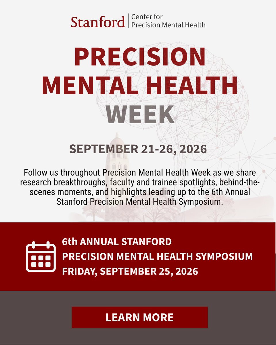 Stanford_CPMH's tweet photo. 🧠 Day 2 | Precision Mental Health Week 

Computational methods and brain-based data are transforming psychiatry. Two people with the same diagnosis can differ fundamentally in neurobiology and treatment response. Normative models and AI foundation models can capture this individual variation, moving the field from one-size-fits-all toward precision care that guides the right treatment to the right person.

Today, we’re highlighting Dr. Teddy Akiki (@teddyjakiki) and his work featured in Nature Computational Science @NatComputSci

📖 To learn more read Transforming psychiatry with computational and brain-based methods: https://t.co/Axbfta02Y0

Want to meet the people advancing this work? Join us September 25 at the 6th Annual Precision Mental Health Symposium, where Dr. Akiki will chair Biomarkers and Precision Therapeutics: Transformational Strategies in Mental Health.

#PrecisionMentalHealthWeek #StanfordPMH #Neuroscience #PrecisionPsychiatry