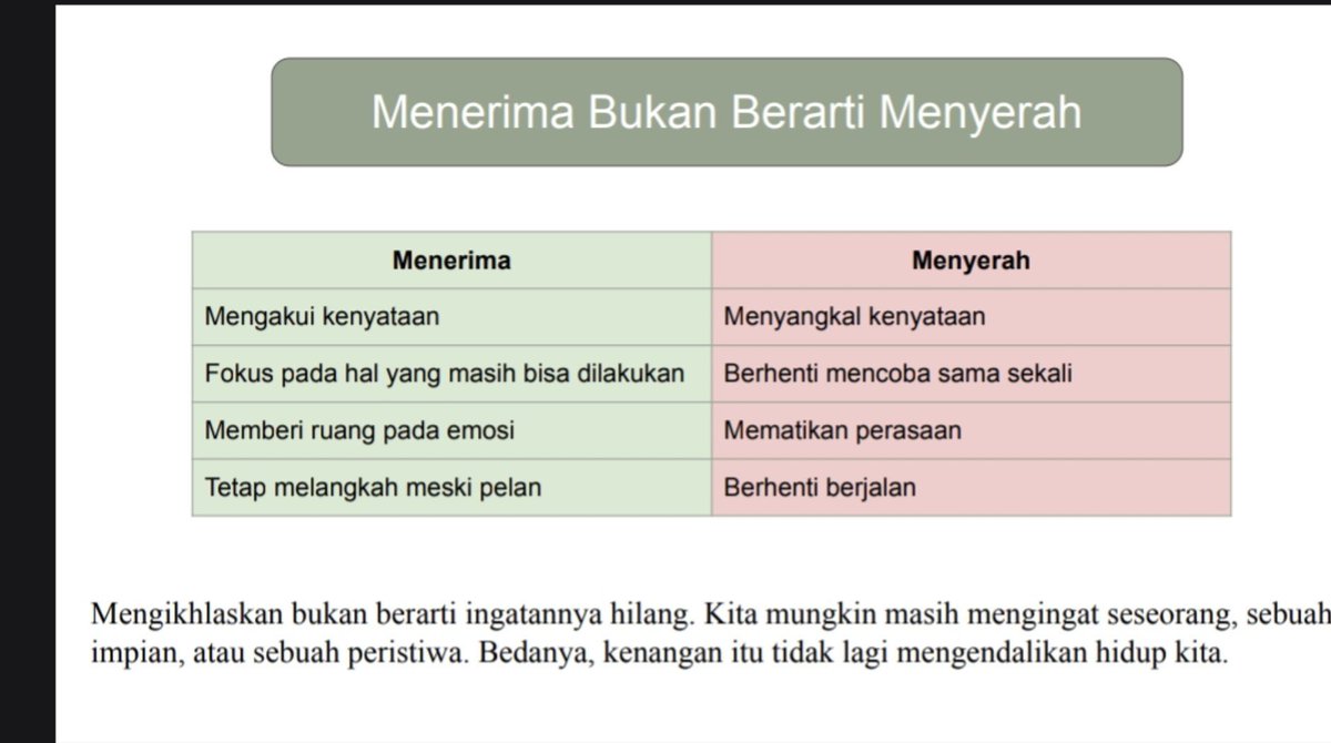 komaduatitik's tweet photo. Aku suka di kalimat "Mengikhlaskan bukan berarti ingatannya hilang. Kita mungkin masih mengingat seseorang, sebuah impian, atau peristiwa. Bedanya, kenangan itu tidak lagi mengendalikan hidup kita" https://t.co/ZFxHNXlQGC
