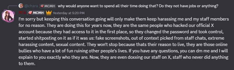 SimplyBurning's tweet photo. Hmm interesting summary. Why the lies though?

Isn't one of your senior mods responsible for doxxing at least 3 people WITHIN a single day?

Is he okay to stay in the team??
Not to mention his EXTREME racism.

What else are you hiding mcmanhunt network? #mcmhanhunt #exposed https://t.co/LyFQSSp8R9