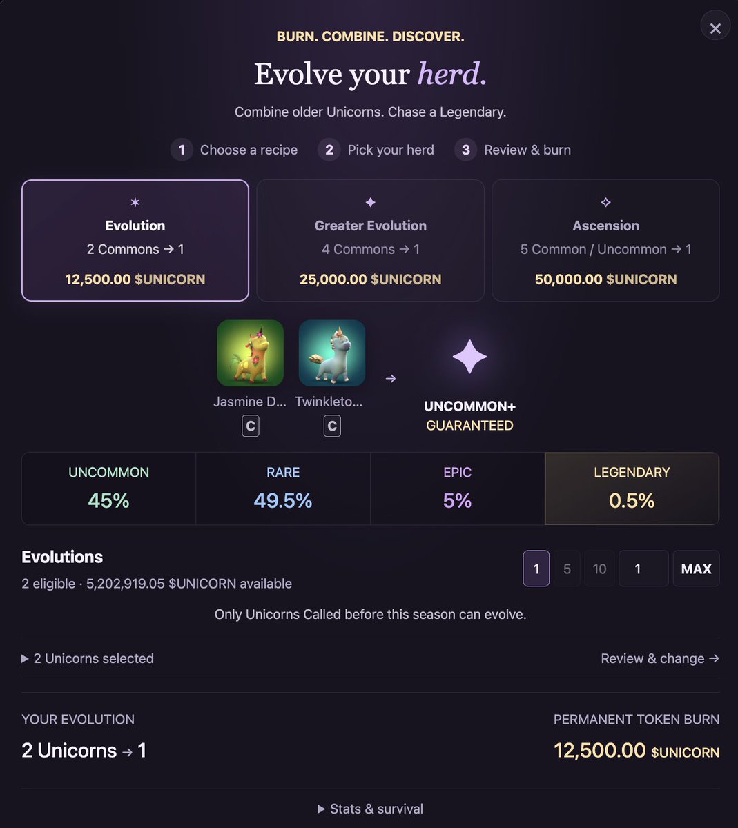 UnicornPlaceRH's tweet photo. Evolving Unicorns is for players that have too many common Unicorns.

Evolving produces a stronger Unicorn, and offers a chance at a rarity upgrade. 

Every $UNICORN token spent on Unicorn Evolution is 100% burned forever. https://t.co/CmM1r4uhTs