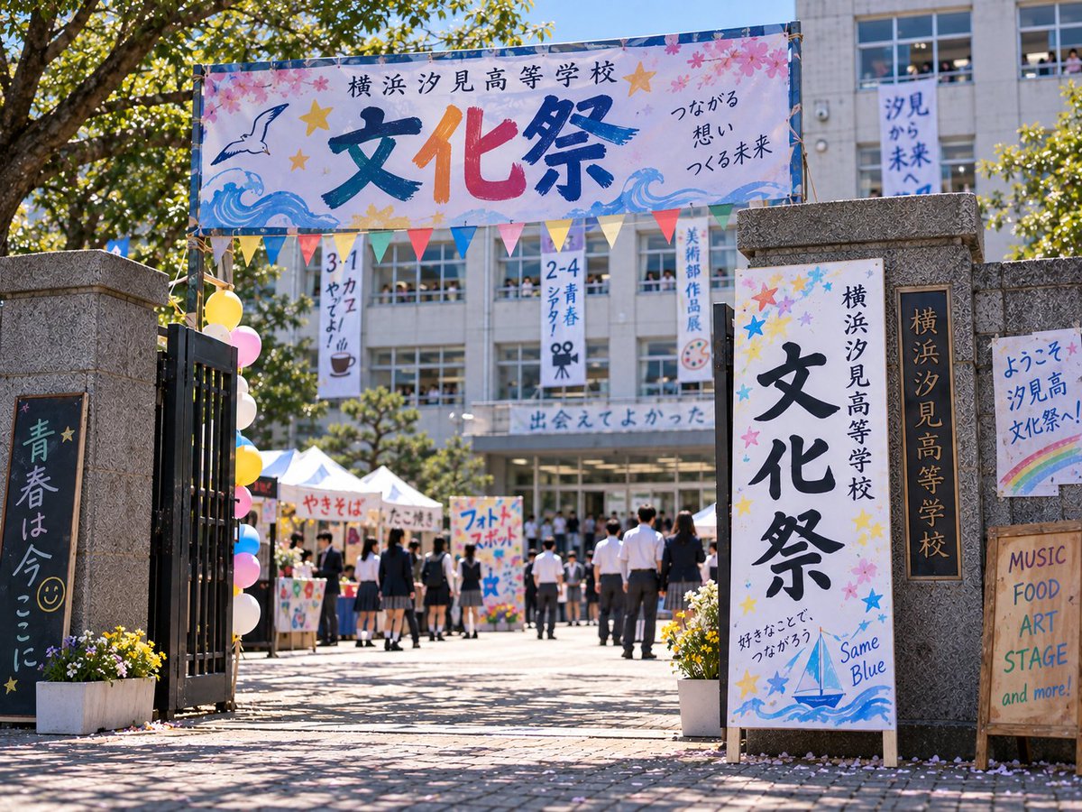 shota_mg's tweet photo. 40年ぶりに、母校の文化祭へ行ってきました。
校門をくぐった瞬間、懐かしい気持ちが一気に戻ってきた。
校舎のざわめき、模擬店の焼きそばの匂い、楽しそうに歩く高校生たち。
あの頃とはいろいろ変わったけど、文化祭の空気って変わらないもんですね😊
久しぶりに来られてよかった。
横浜汐見高校、やっぱり好きやわ。
……と、ここまで読んで
「横浜汐見高校ってどこ？」と検索した人へ。
出てきません🤣
架空の高校です（笑）