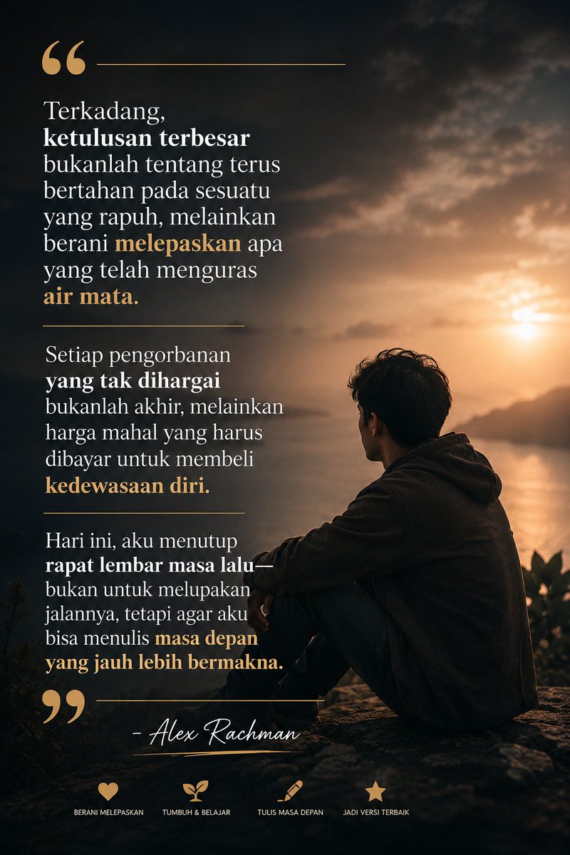 AlexRachman_Id's tweet photo. Terkadang, ketulusan terbesar bukanlah tentang terus bertahan pada sesuatu yang rapuh, melainkan berani melepaskan apa yang telah menguras air mata. Setiap pengorbanan yang tak dihargai bukanlah akhir, melainkan harga mahal yang harus dibayar untuk membeli kedewasaan diri. https://t.co/5AtYd4qNEt