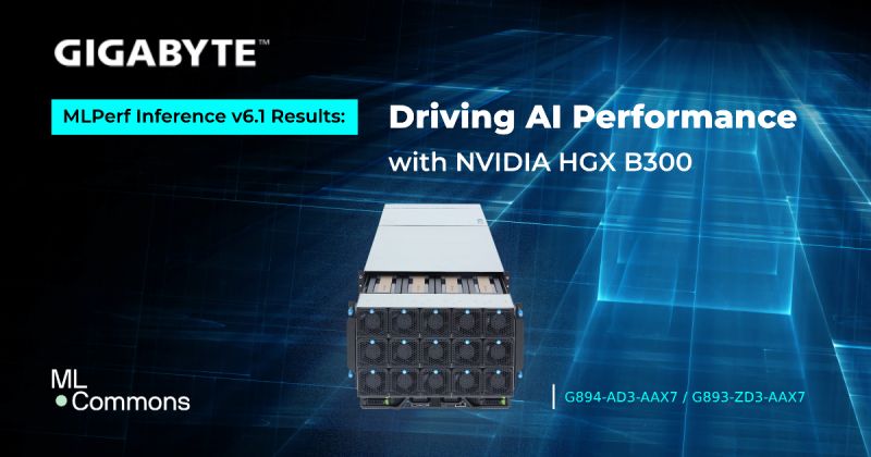 GigaComputing's tweet photo. @MLPerf Inference 6.1 results are in and GIGABYTE is featured with two NVIDIA HGX B300 platforms, one on Intel Xeon 6979P, one on AMD EPYC 9575F, benchmarked across LLM inference, DeepSeek-R1, text to video, VLM, and GPT-OSS-120B workloads.

Same GPU platform, different CPU architectures. The flexibility to choose what fits your infrastructure best. 

👉 https://t.co/kmZ1wV8UTB

#GigaComputing #MLPerf #AIInference #NVIDIAHGX #IntelXeon #AMDEPYC
