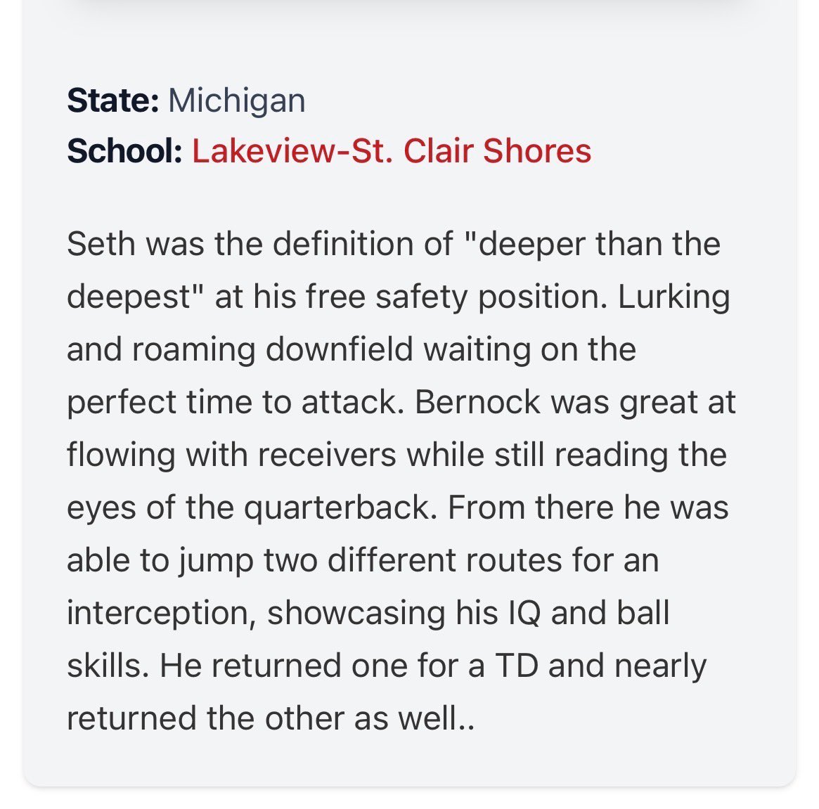 sethbernock's tweet photo. Thank you @PrepRedzone and @CoachKNoDuke for the recognition on my defensive performance this week! 

@PrepRedzoneMI 
@ScoutTyGraham 
@MichFBFrenzy 
@scoutRyanPRZ 
@TylerStevens94 
@DOFRecruiting 
@Bryan_Ault 
@ThreetThreet https://t.co/MgxFzHQidc