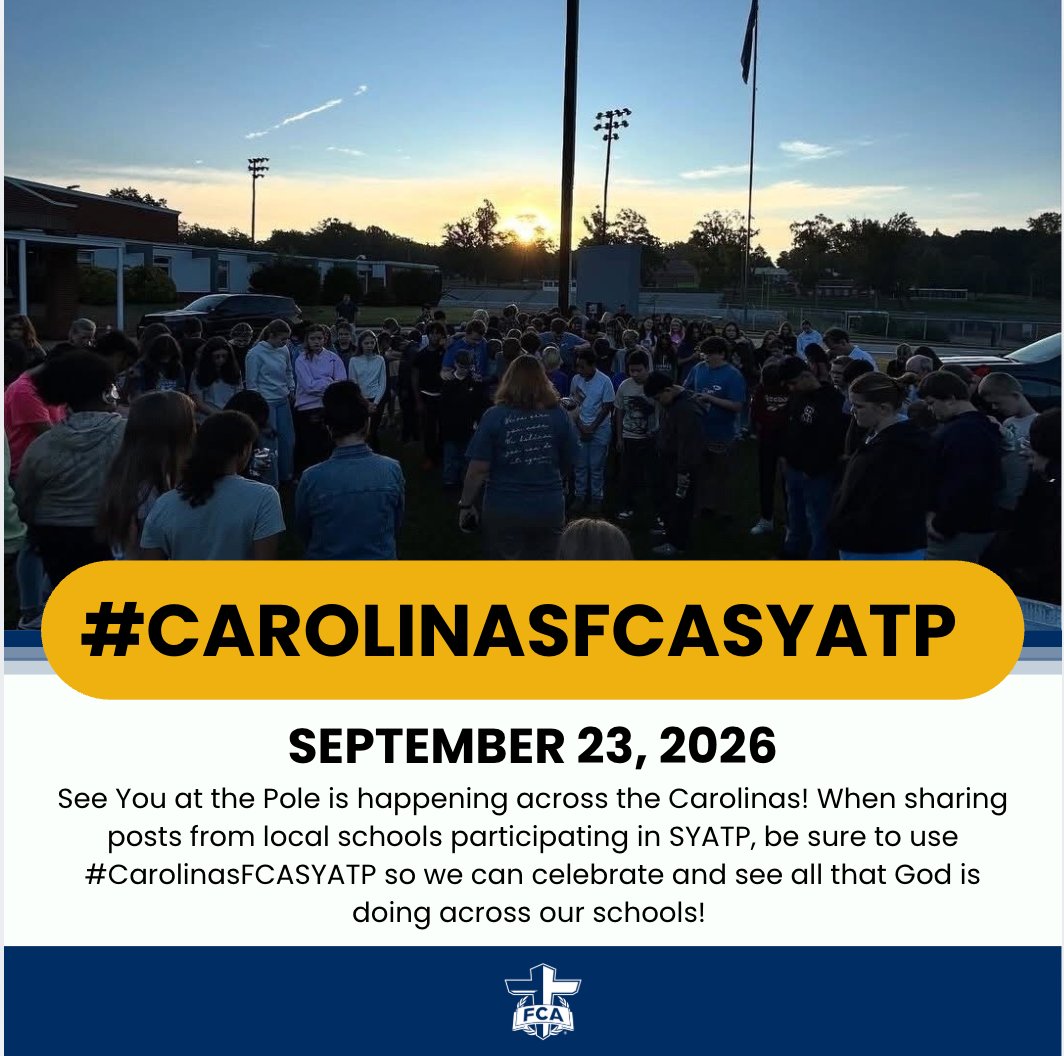 SCMidlandsFCA's tweet photo. Wednesday, students across the Carolinas will gather around their schools to pray, stand together, and boldly live out their faith. 🙏🏼💙 We’re excited to see God move in our schools and through this generation!
#MidlandsFCA #SeeYouAtThePole #TeamFCA https://t.co/sf11eBVdqN