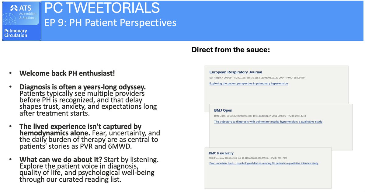 ATS_PC's tweet photo. New #PCTweetorials: PH Patient Perspectives 🫁 Diagnosis can take years, and fear, uncertainty, and treatment burden are as central to patients' stories as PVR and 6MWD. Time we listened — reading list below 👇 #PHAware #PulmonaryHypertension #MedEd https://t.co/0W3jb2jxcS