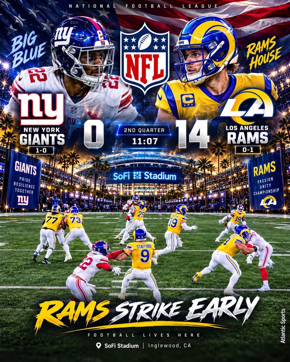 AtlanticSportz's tweet photo. 🏈 Rams Strike First! LA Jumps Out to a 14-0 Lead Over the Giants 🔥
..
.

#RamsHouse #NewYorkGiants #NFL #LARams #SundayNightFootball https://t.co/teCLPI8E7k