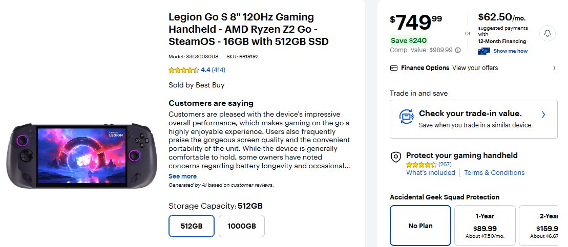 HandheldDeals's tweet photo. Lenovo Legion Go S (SteamOS) w/ Ryzen Z2 Go 

$749.99 at Best Buy (Save $240)

https://t.co/ULdA72H4rj

#aff https://t.co/LC90amiAqL