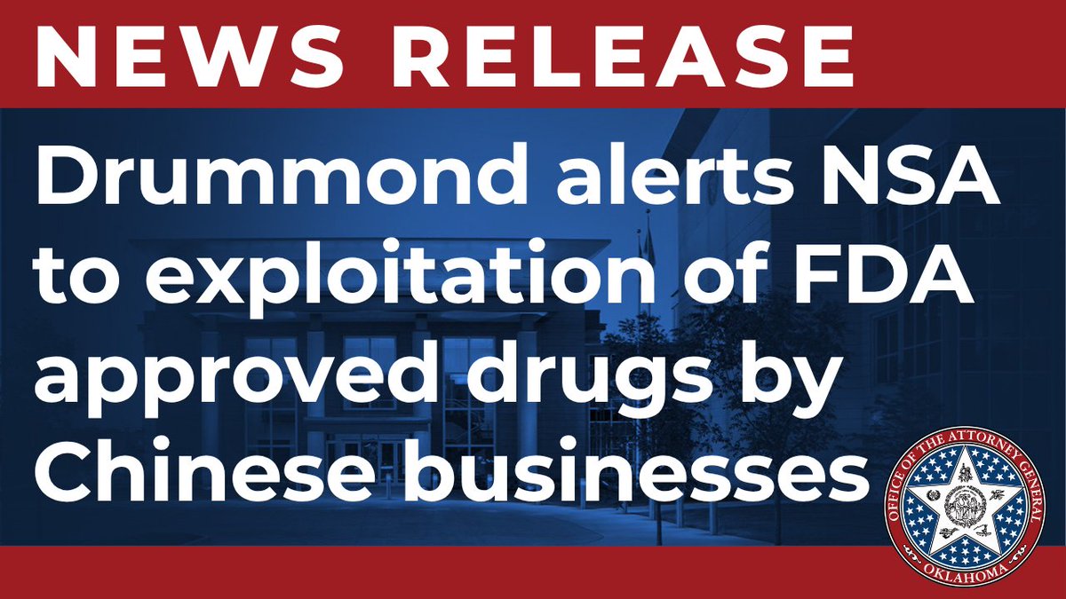 Okla_OAG's tweet photo. I've alerted Secretary of State Marco Rubio to a critical risk to the pharmaceutical supply chain that is being exploited by Chinese businesses. This exploitation not only poses risks to the health and safety of consumers, but it constitutes a national security risk. https://t.co/bsGQnBegwb