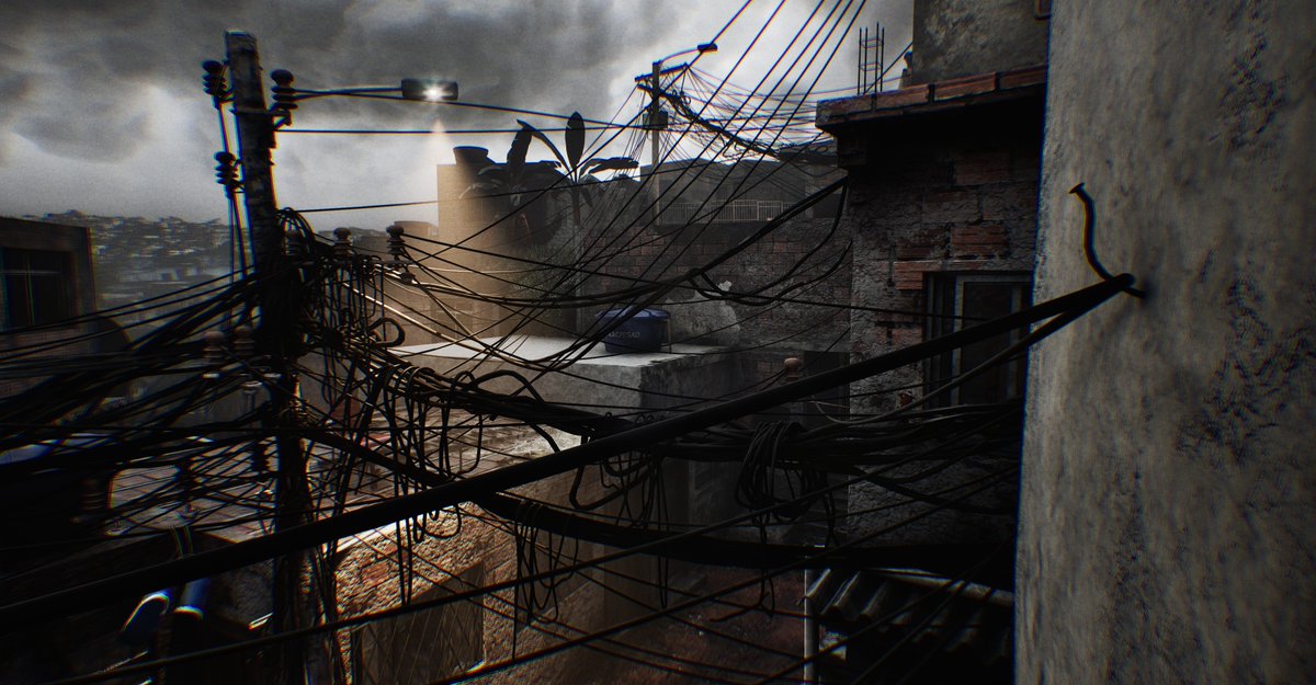 MaxMRM_Gameplay's tweet photo. Galera, estou pensando em começar uma série de posts trazendo imagens inéditas e algumas curiosidades sobre o desenvolvimento de Otherside Tapes: Favela. O que acham?

PRIMEIRA CURIOSIDADE:
Cada fio que vocês veem no jogo foi posicionado individualmente. Além disso, eles não estão ali de forma aleatória: pensamos nas conexões para que façam sentido dentro do cenário.