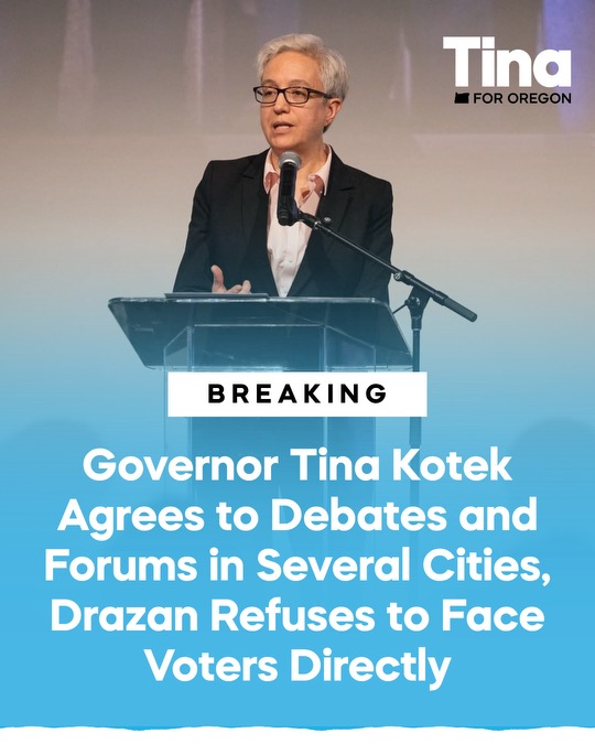 TinaKotek's tweet photo. With just over 40 days until Election Day, voters deserve to know where we stand.

Christine Drazan won’t face a live audience in Portland to answer for her support of Donald Trump’s MAGA agenda. But I’m ready to make my case directly to Oregonians, because I will keep fighting for our state and standing up to federal overreach.