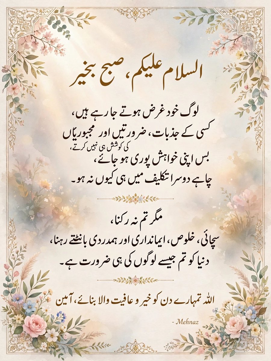 mehnazsyed02's tweet photo. السلام علیکم، صبح بخیر 

لوگ خود غرض ہوتے جا رہے ہیں،
کسی کے جذبات، ضرورتیں اور مجبوریاں سمجھنے کی کوشش ہی نہیں کرتے،
بس اپنی خواہش پوری ہو جائے، چاہے دوسرا تکلیف میں ہی کیوں نہ ہو۔

مگر تم نہ رکنا،
سچائی، خلوص، ایمانداری اور ہمدردی بانٹتے رہنا،
دنیا کو تم جیسے لوگوں کی ہی ضرورت ہے۔

اللہ تمہارے دن کو خیر و عافیت والا بنائے، آمین

- Mehnaz