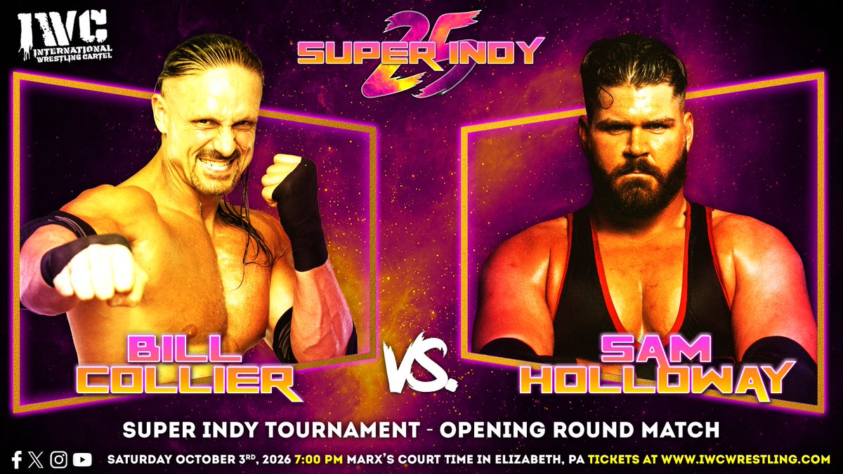 IWCwrestling's tweet photo. SUPER INDY 25 OPENING ROUND
Bill Collier vs. Sam Holloway
Saturday, October 3, 2026 • 7:00 PM
Marx’s Court Time • Elizabeth, PA

Bill Collier is Big Time. Two-time Super Indy Champion. Longest ever reigning IWC World Heavyweight Champion. TNA’s Special Agent 0. A 6'5" powerhouse who is at the top of his game.

Sam Holloway is Hardway. Super Indy 23 Tournament winner. Two-time IWC Super Indy Champion. WWE ID prospect. Evolve regular. Scouted out of this very promotion, then sent back into it at 6'8" with national TV experience and a chip on his shoulder.

Size vs. size. Power vs. Power. Winner keeps climbing Super Indy 25. Loser gets buried in the opening round of the biggest night of the year.  When these two start throwing, Marx’s Court Time is going to shake.

Tickets: https://t.co/3l9zGyp62S