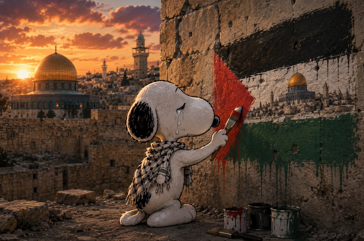 jRealSnoopyn0t's tweet photo. 🇵🇸💔❤️‍🩹Sometimes, a picture can say what words cannot. 🕊️🇵🇸
Snoopy paints his tears, his hope, and his love for Jerusalem on the walls. May peace, freedom, and hope reach every heart. ❤️

#Palestine #Jerusalem #FreePalestine #Peace #Hope #Snoopy #PalestinianArt #StandWithPalestine #ArtForPeace #Gaza