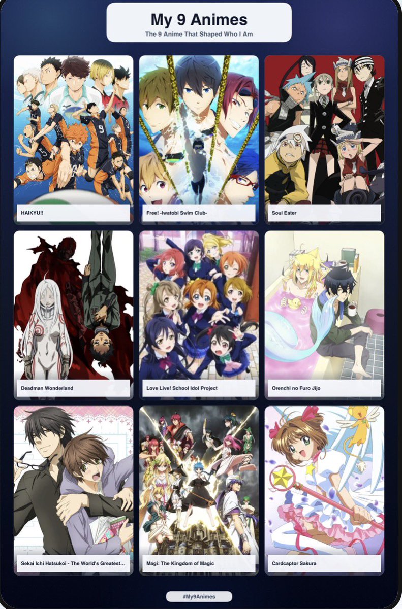 amouris_v's tweet photo. 9 anime’s that shaped me! 
I tried to just do anime’s that got me into anime so mwehehehe (also yes I did screen grab from the book club streams) https://t.co/H9NtZ1HBSB