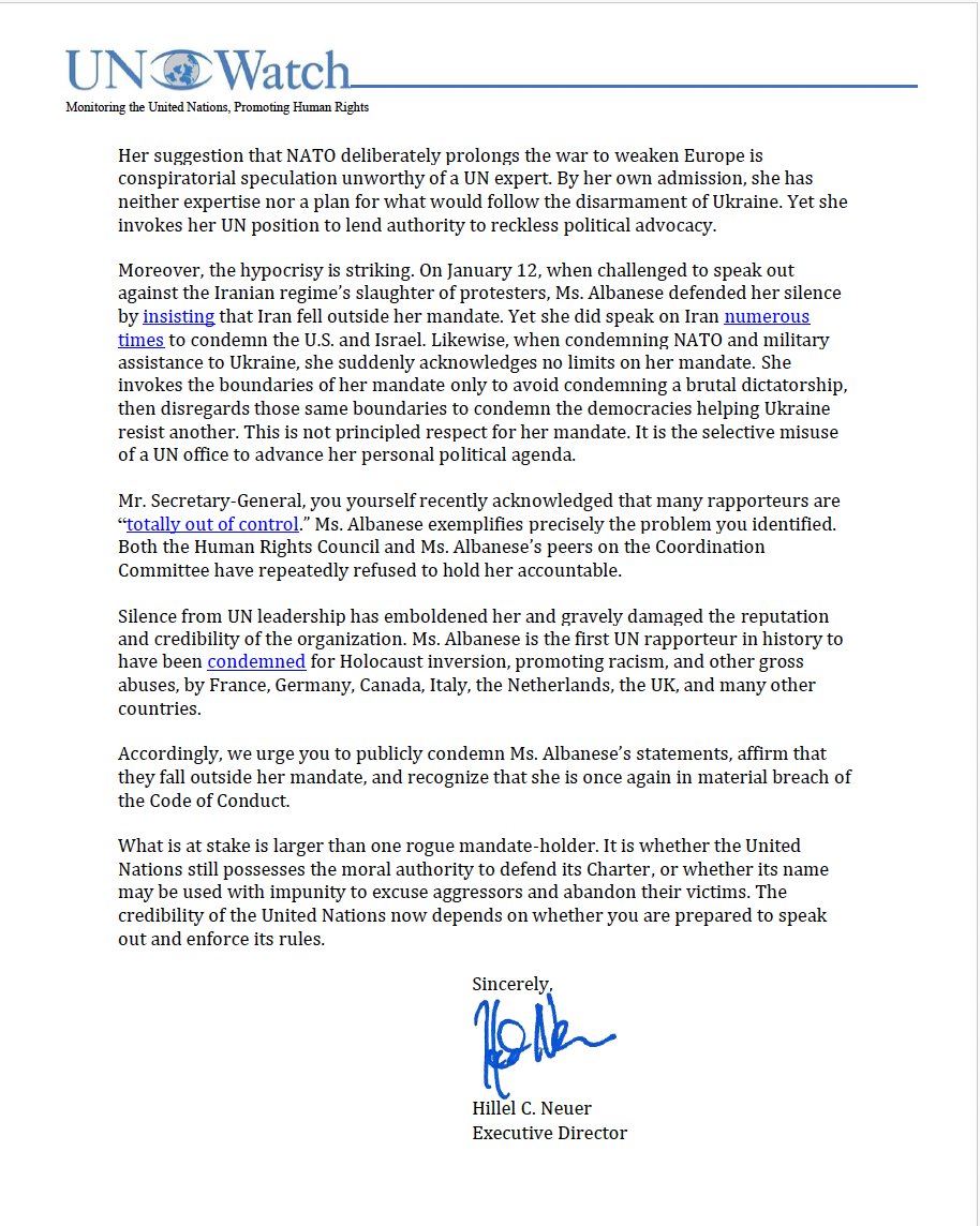 HillelNeuer's tweet photo. I wrote to @antonioguterres demanding he condemn Francesca Albanese for violating her UN mandate to campaign against arming Ukraine. She invokes her mandate to ignore Iran’s massacre—then discards it to attack NATO. The UN must enforce its own rules.
📺: https://t.co/5MF1Fes43e https://t.co/XOhfK5Dwa4