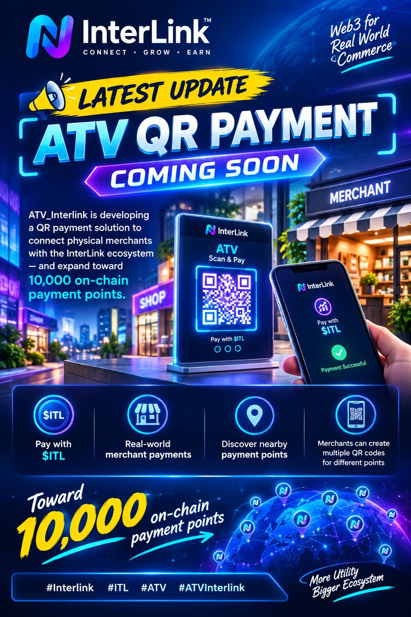 Vishwajeet96770's tweet photo. 🚀 ATV is pushing InterLink toward real-world payments! QR-based merchant payments, $ITL utility & a growing on-chain payment ecosystem. The journey from Web3 to everyday commerce is getting real. 🔥
#Interlink #ITL #ATV #ATVInterlink https://t.co/DQpX6UHOAN