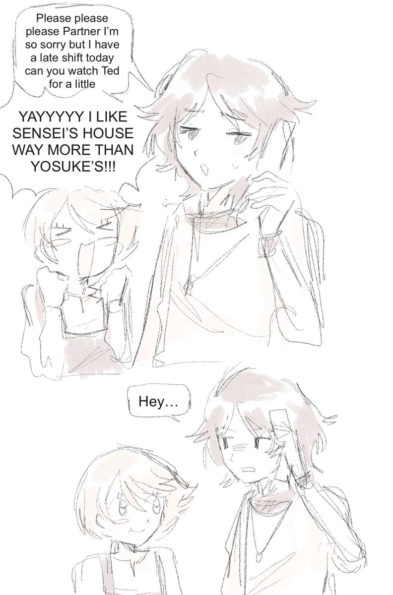florencings's tweet photo. I have an AU in my head where they’re all college-age, and there’s no personas or magic but Teddie is still somehow there so he’s just some kid they found on the street and pass around like the child of a divorced polycule https://t.co/w575cR18oB