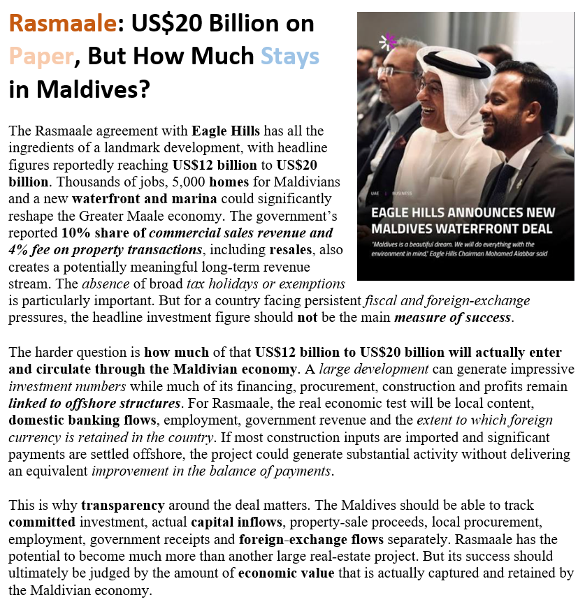 _mohamedimad's tweet photo. Rasmaale’s success should be measured by how much foreign #Capital, #Jobs, #Revenue and economic value actually enters and remains in the #Maldivian economy.
#Maldives #ForeignInvestment #FDI #RealEstate #EconomicGrowth #Tourism #Infrastructure #MaldivesEconomy
#VisitMaldives https://t.co/yRTovu673X