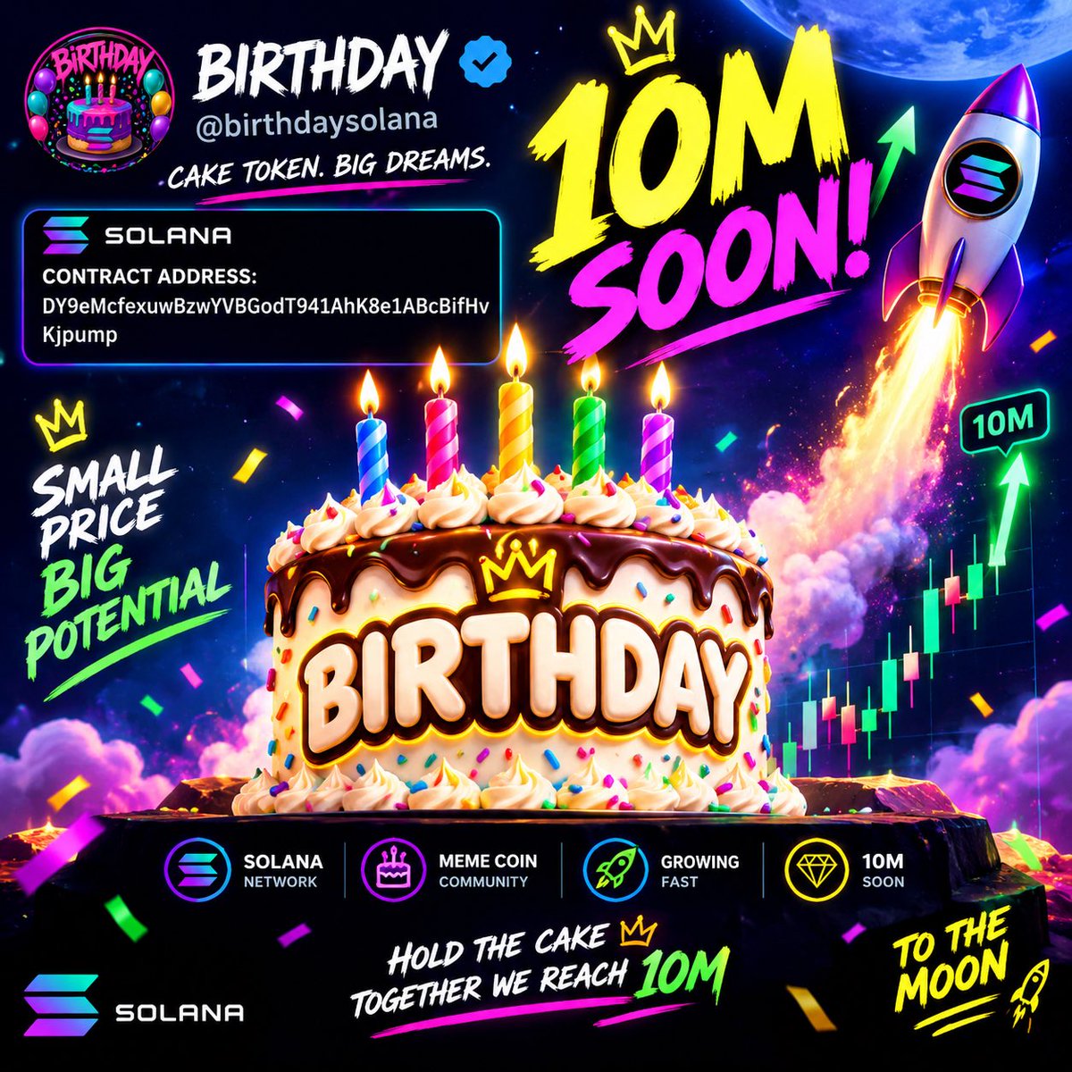 xMajhailx's tweet photo. 🎂🚀 BIRTHDAY on Solana!

The cake is ready. The party is just getting started. 🎉💎
$BIRTHDAY — 10M is the goal, not a guarantee. 🔥

🍰 Strong community
🚀 Solana-powered
🎈 Birthday vibes
🌙 Let’s see how far the party goes! https://t.co/Ltslh8wxQo