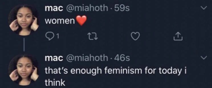 stewartesss's tweet photo. leftists after saying “women also perpetuate the patriarchy btw” and “men aren’t born evil, they’re socialized into it!” (usually in response to somebody who didn’t insinuate otherwise) https://t.co/H3mcDNLLrC