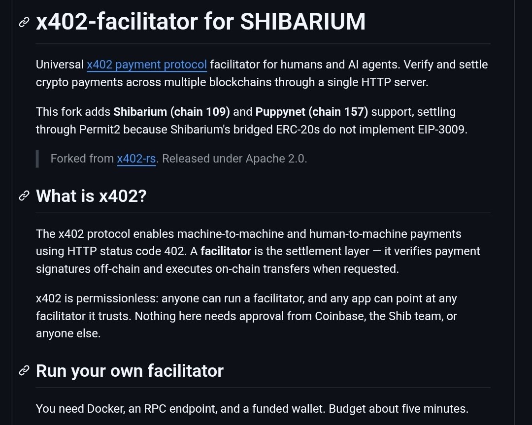 Mazrael_shib's tweet photo. x402 is live on Shibarium.

Permit2, the x402 proxy, the SignatureValidator. all at the same canonical addresses x402 uses on Ethereum, Base and Polygon. 

Any x402 client works on chain 109 with zero custom code.

Most facilitators are USDC-only they settle through EIP-3009, and USDC is what implements it. 

The Permit2 route takes any ERC-20. So agents here can pay in $SHIB, $TREAT or wrapped $BONE.

Facilitator's open source. Clone it, set your RPC, fund a wallet with $BONE for gas:

https://t.co/TsGoASeFkT

Builders, no permission needed. 
Run your own. Chain 109 🐕