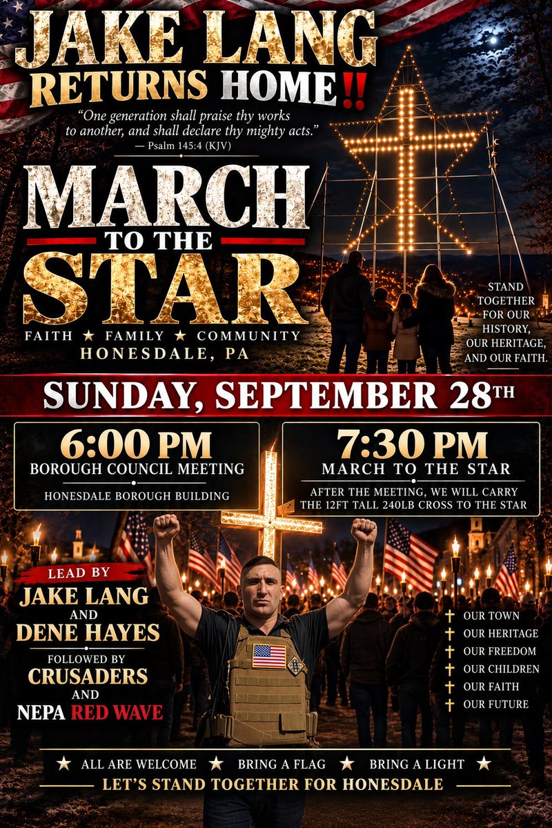 JakeLang's tweet photo. 🚨 BREAKING:

George Soros funded NGO: ‘Freedom From Religion’ just SUED my hometown - Honesdale PA!!!! 😡

They want us to REMOVE THE CHRISTMAS CROSS from the large mountain that overlooks my HIGHSCHOOL!!!! ❌✝️🎄

We have already gathered thousands of signatures & now we take this to CITY HALL…

📍Monday September 28th - CRUSADE on Honesdale City Hall - 6pm!!!

Then at 7:30pm we carry a NEW CROSS to the top of the mountain & turn on the LIGHTS  🎄🎄✝️✝️