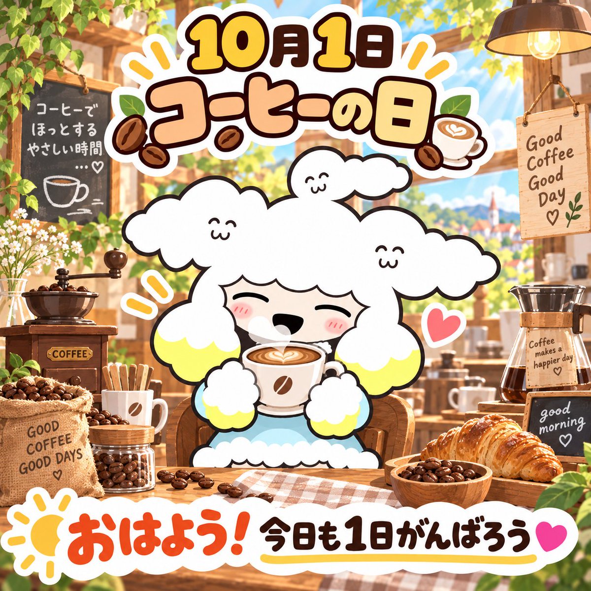 crossunion0314's tweet photo. おはようございます☁️
今日10月1日は「コーヒーの日」☕
10月スタート！まずは1杯で目を覚まして
今日も1日がんばりましょう！
#企業公式相互フォロー #企業公式さんと繋がりたい #あつまれ企業キャラ #企業公式がお疲れ様を言い合う #企業公式つぶやき部 #企業公式キャラ https://t.co/cocG2vlzRm
